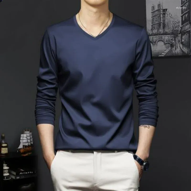 Men's T Shirts Autumn Promotion Ice Silk T-shirt Korean Casual Versatile Solid Long Sleeve V-Neck Fashion Slim Thin Top2024