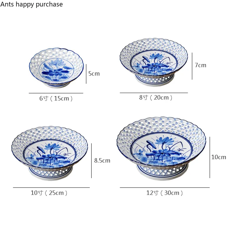 Lotus Blue et blanc Porcelaine Fruit Assiette creux High-leg Plate en céramique Fruit Plat Bol Bowl Snack Tray