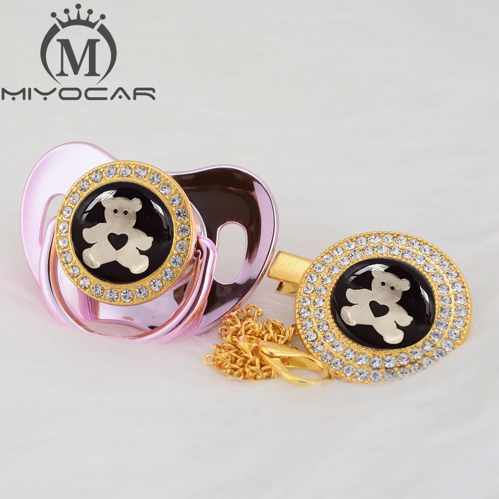 Miyocar ouro prata adorável urso ouro brilho e chupeta clipe bpa bpa livre bling design exclusivo bpa grátis seguro gbear