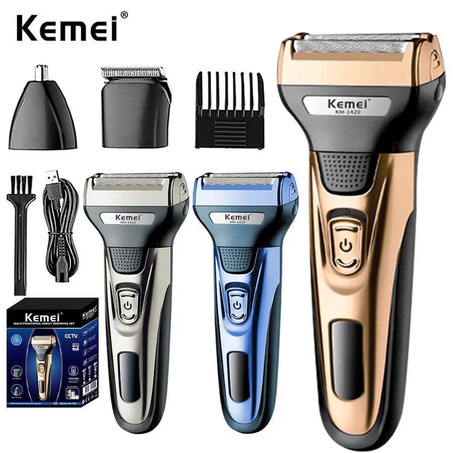 Trimmers Kemei KM1429 كهربائيا حلقة 3 في 1 رعاية الوجه مجموعة شعر الجسم تقليم الرجال أنف أنف الشعر اللحية الحلاقة الشفون الرجال