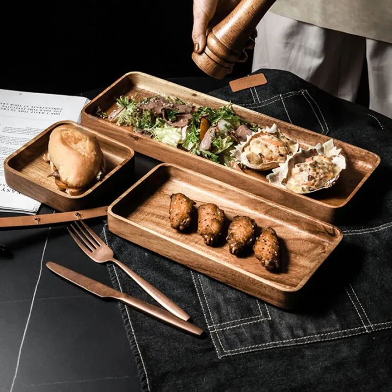 アカシアウッドサービングトレイソーサーティートレイデザートディナープレートテーブルウェアセット日本のスナックフード長方形のプレート保管料理