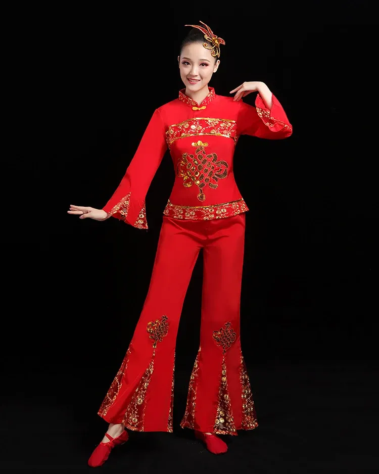 Rode Chinese stijl taille Drum Square Dans Vrouw Ancient Yangko Chinese kostuum Hanfu Kleding Volwassene elegante volksdans