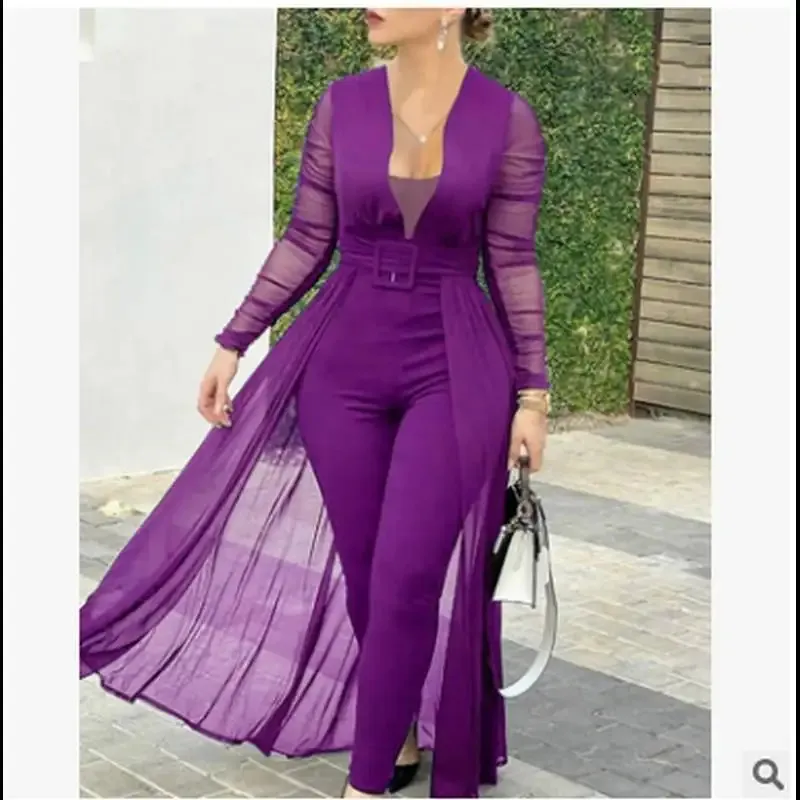 Plus size Winter Fashion Solid Jumpsuit Women Sexy Deep Vneck lange mouwen hoge taille TAKKE fitting broek Elegant 240410