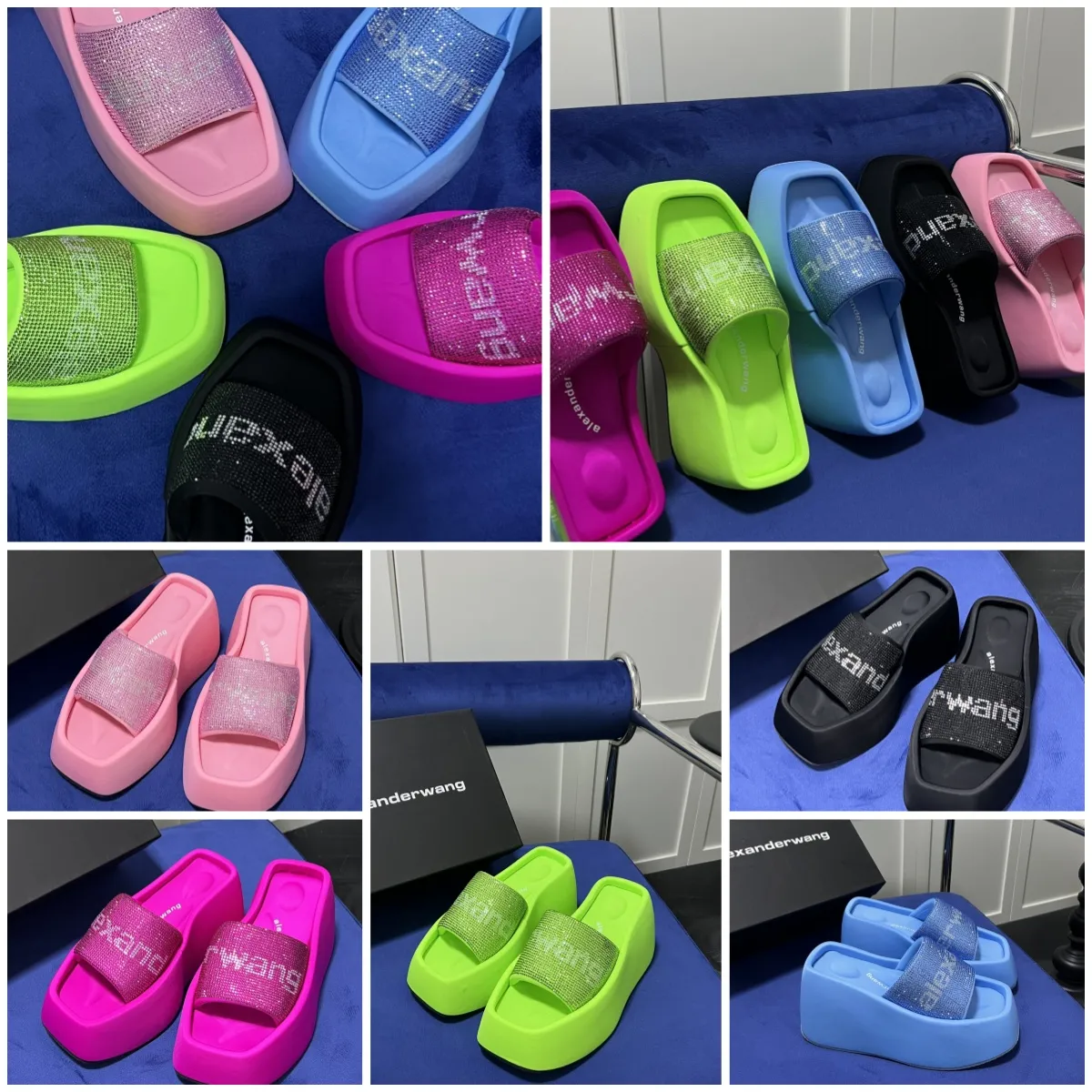 Tasarımcı Sandalet Terlik Lüks Kadın Velvet Malzeme Rhinestone Velcro Bant Partisi Odası Gai Platform Slip-On Boyut 35-42 10cm Moda Seyahat Mavi Pembe Yeşil Siyah