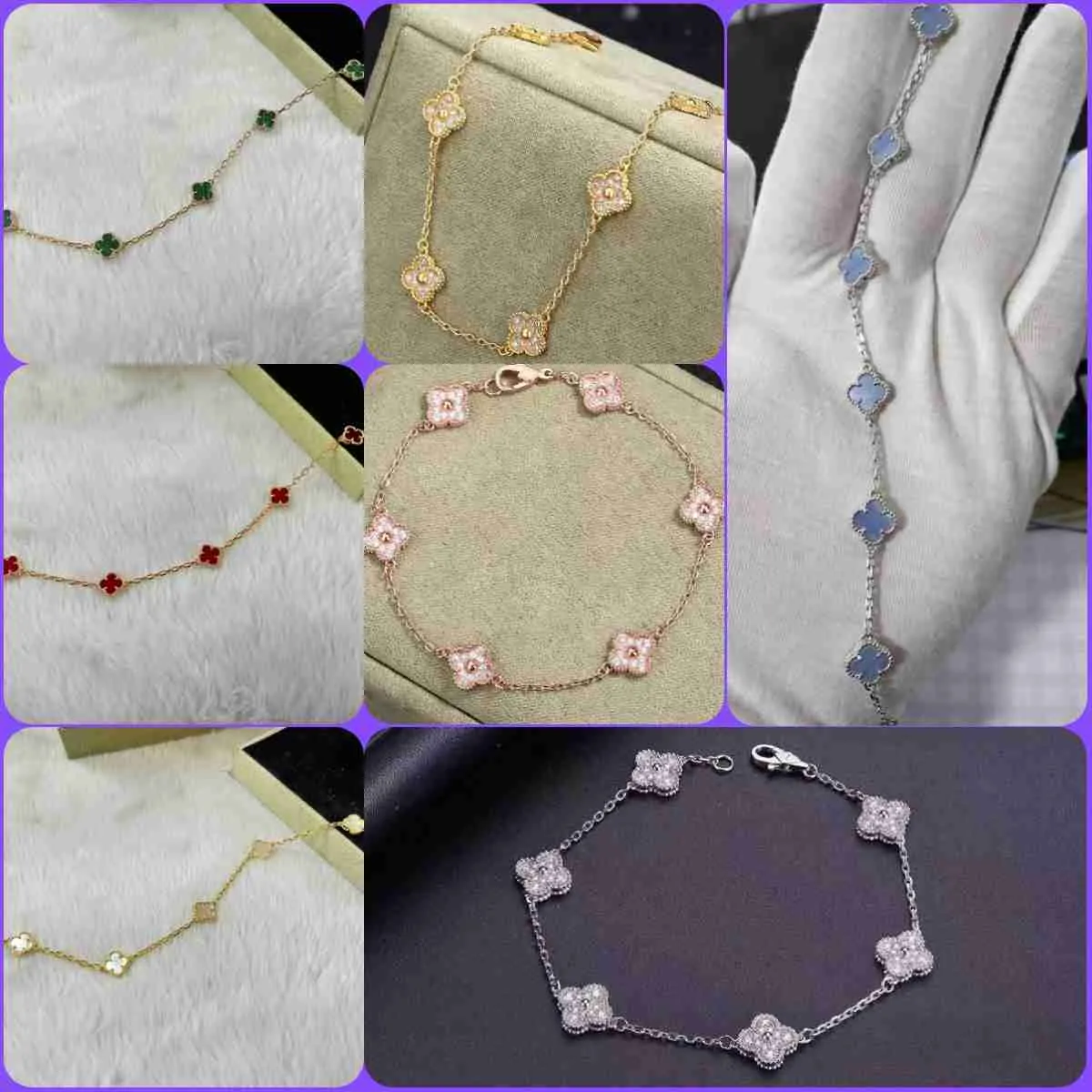 Bracciale di lusso di alta qualità di Vancef V-Gold Material Clover Cinque piccoli sei fiori di fiore a catena alla caviglia Luce bracciale di lusso con logo