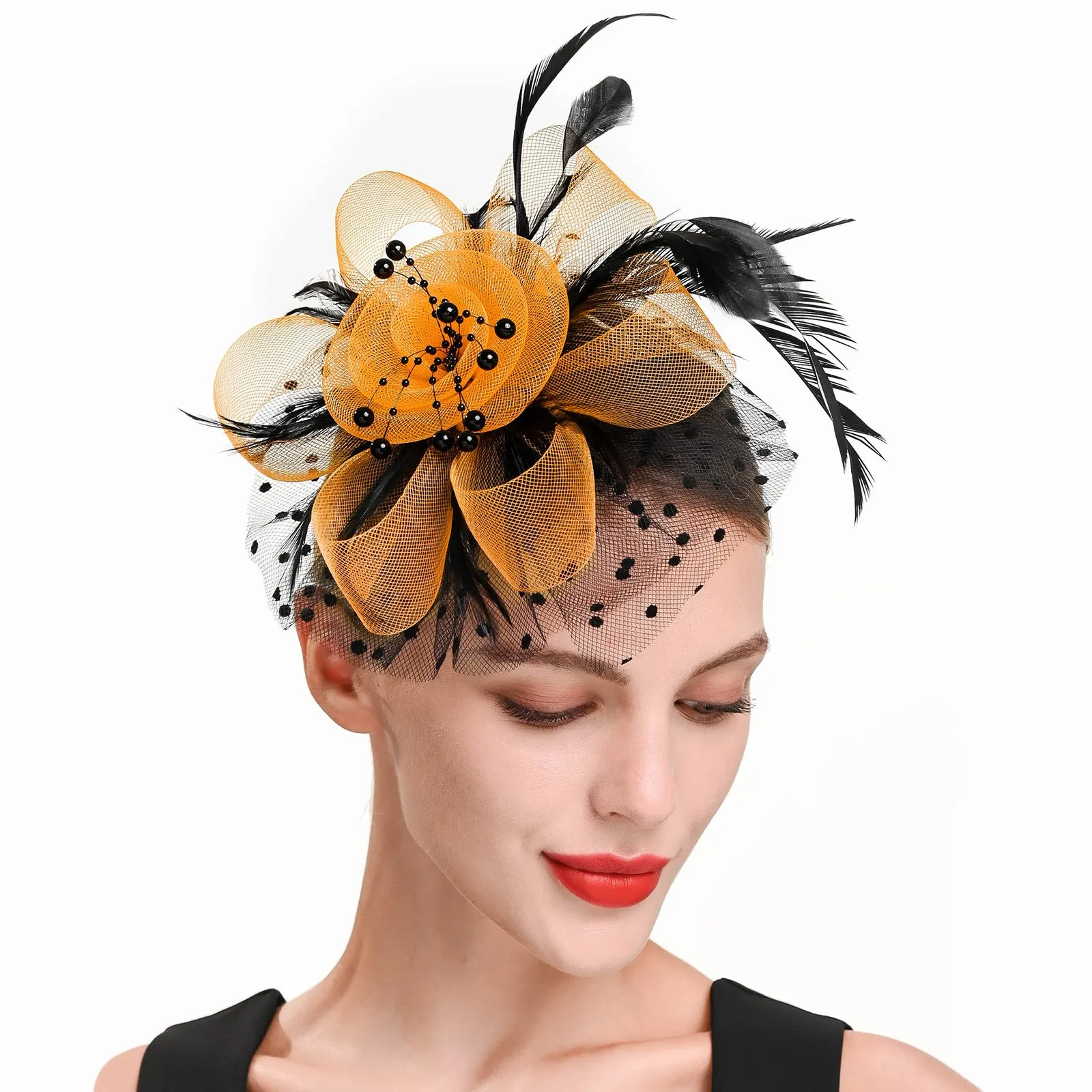 Women Feather Flower Fascinator Headband with Mesh Veil for 