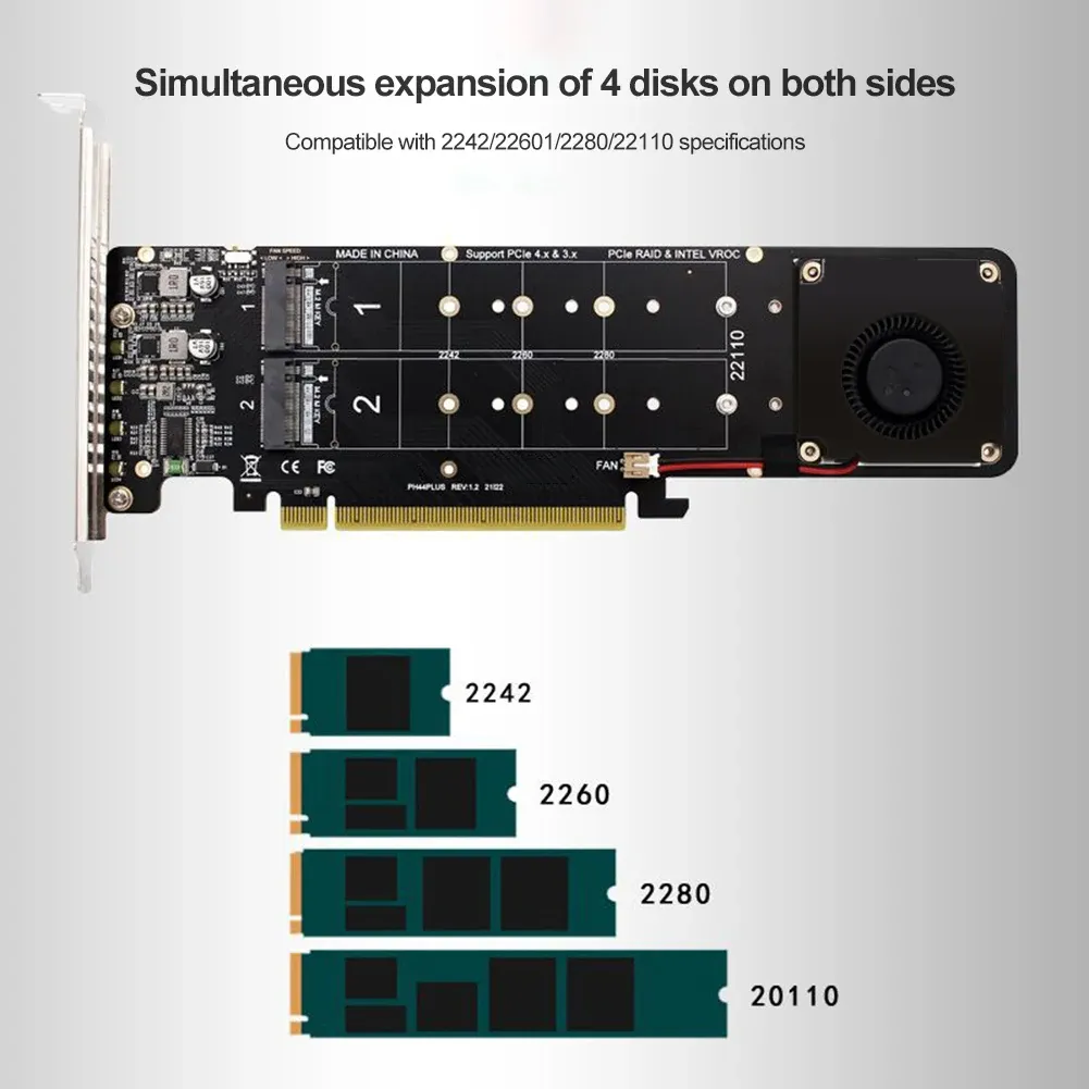 Karten PCIe zu M2 -Adapterkarte, PCIE 4.0 X16 4 Port M2 NVME M Key SSD -Adapter 4x32Gbit / s M.2 NVME PCI Express X16 Raid Expansion Card