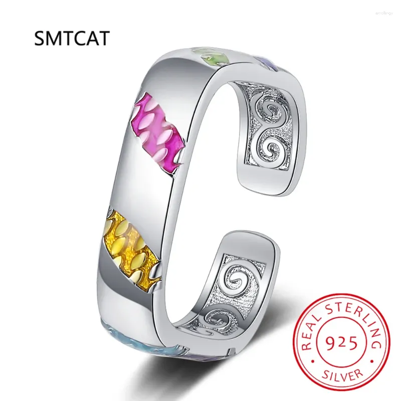 Clusterringe Design rein 925 Sterling Silber Regenbogen Farbe Emaille Streifen Finger Ring Einfacher Geometrie für Frauen Fein Schmuck RHR1314