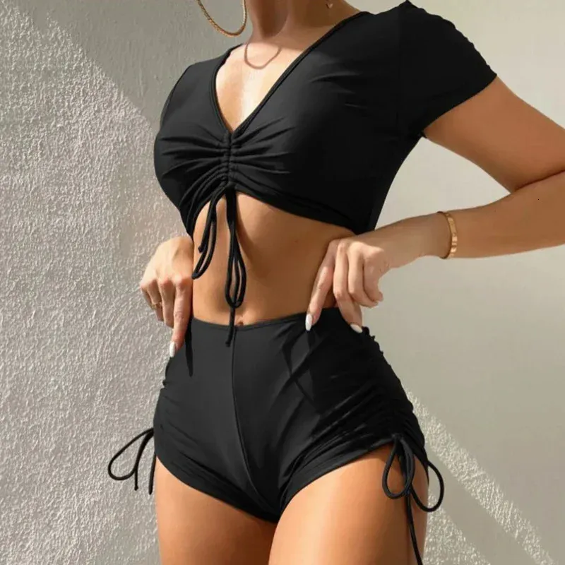 Siyah Drawstring Mayo Bikinis Seti Mujer 2024 Mahsul Top Şort Alt Mayo Kadın Seksi Mayo Sahibi Beach Giyim Bikini Yüzme 240412