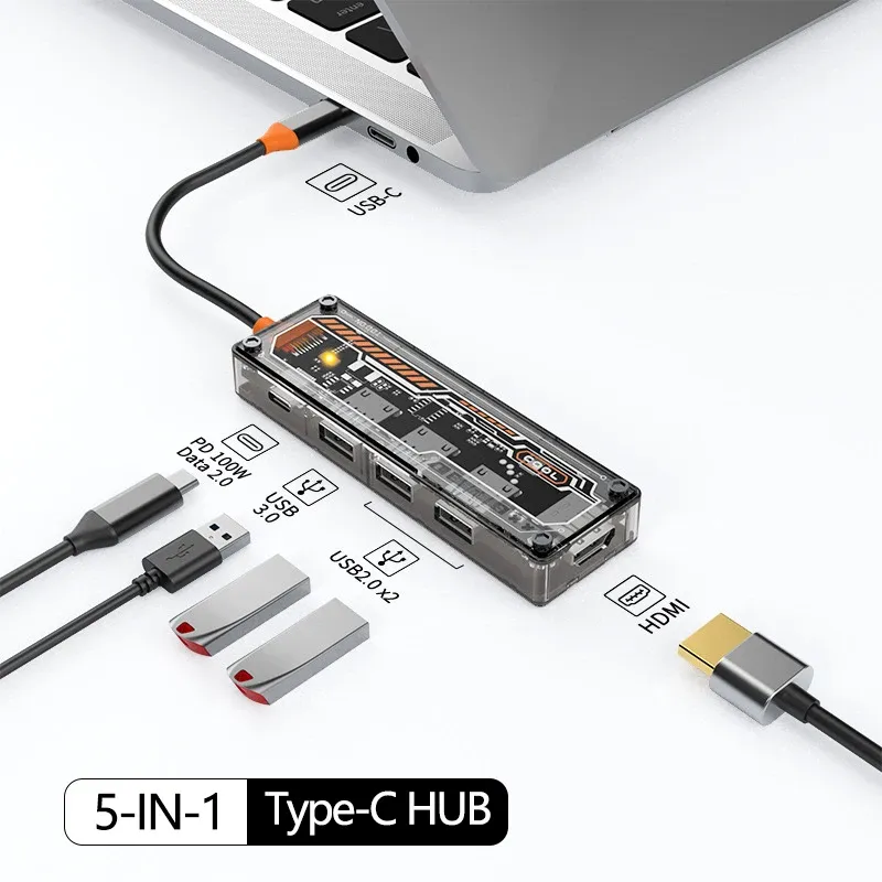 Hubs Tipo C Hub 5 in 1 Tipo C a Adattatore HDMI4K 5 GB RJ45 USB2.0 HUB USB 3.0 100W PD Carica rapida per MacBook Laptop 4K30Hz/2K60Hz