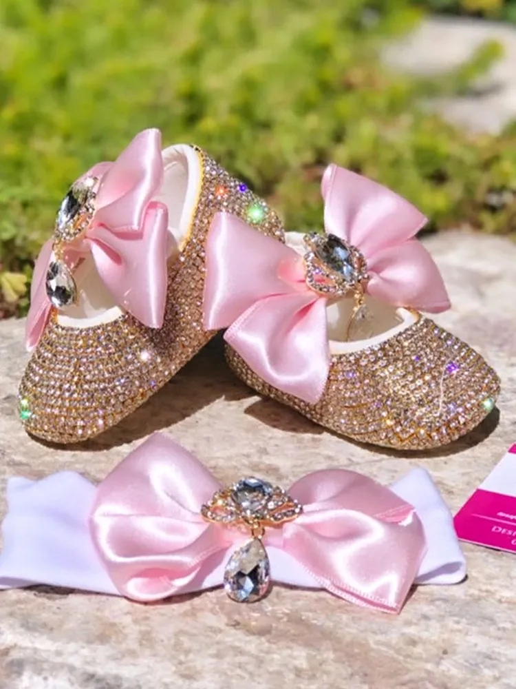 Sneakers Dollbling Wholesale Pink Bowknot with Shinny Strass Crown Luxury Girls Toddler Newborn Baby Special Ocassion Shoes