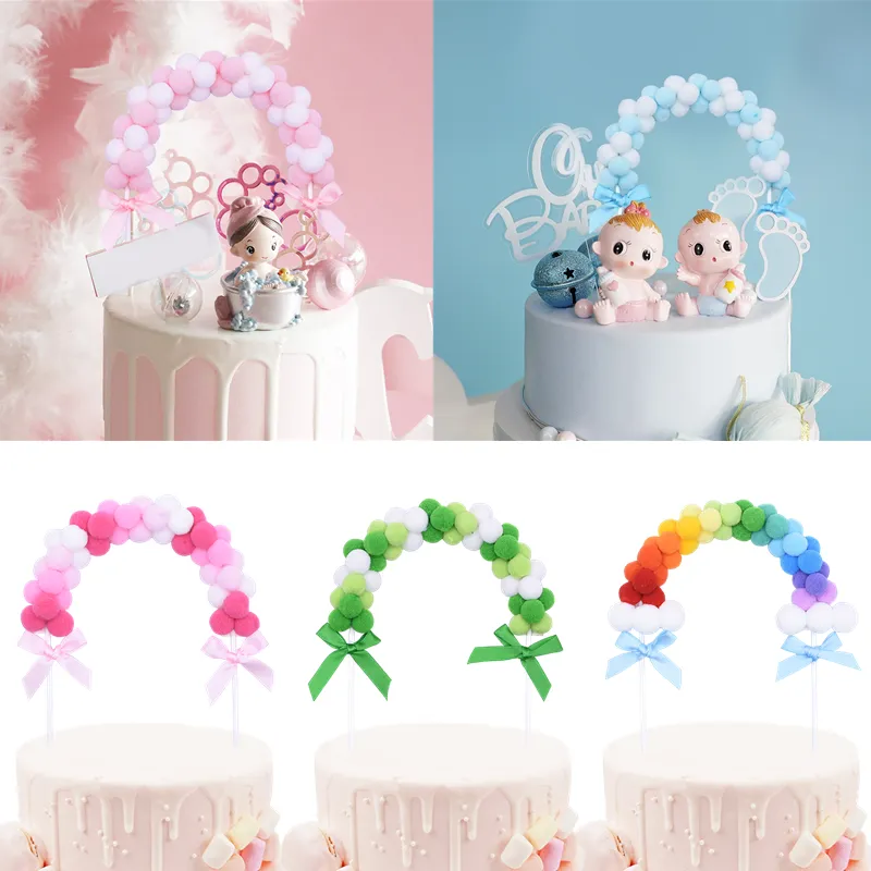 1PC Miłość Prezent Róż Niebieski miękki pompom ciasto topperę Rainbow Arch Cake wstawienie wystroju baby shower urodzinowe przyjęcie weselne