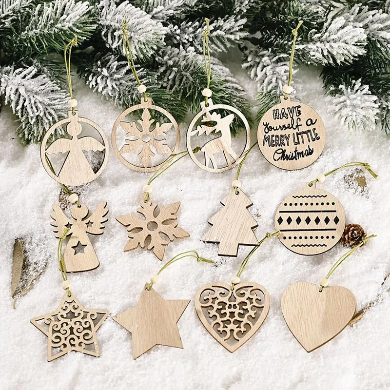 12Pcs Snowflakes Wooden Christmas Tree Pendants Ornaments Home Hanging Decor Christmas Decorations for Home Navidad 2021