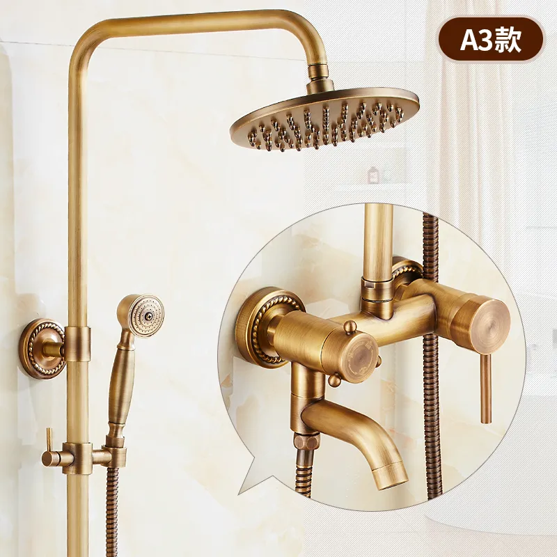 ZGRK Antique Brass Shower Faucets Set 8'' Rainfall Shower Commodity Shelf Dual Handle Mixer Tap Swivel Tub Spout Bath Shower