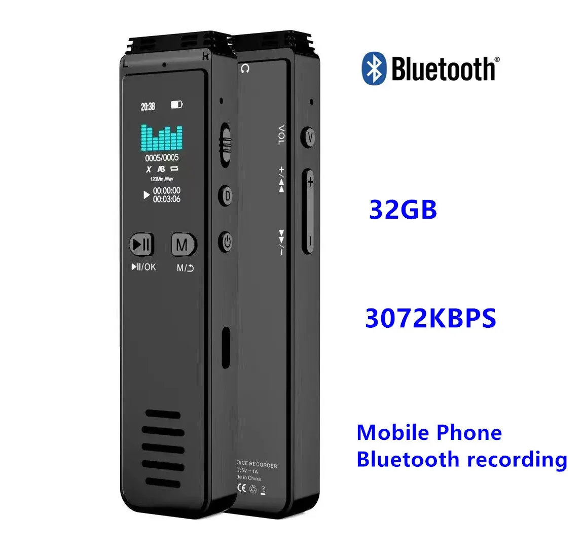 Oyuncular 32GB Dijital Ses Kaydedici Bluetooth 5.0 Sesli Aktif Telefon Araması Kaydı Akıllı Gürültü İptali 3072Kbps MP3 Play