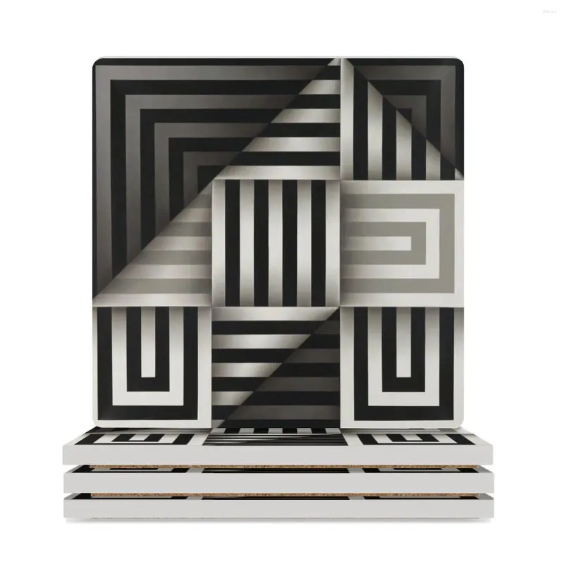 Table Mats Folded Black And White Shapes Geometric Painting Omar Rayo Op Art Lines Stripes Ceramic Coasters (Square) Cute Set