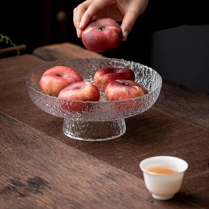 ストーングレインガラスフルーツトレイモダンシンプルハイフットフルーツトレイリビングルームティーテーブル家庭用トレイスナックトレイカスタマイズ