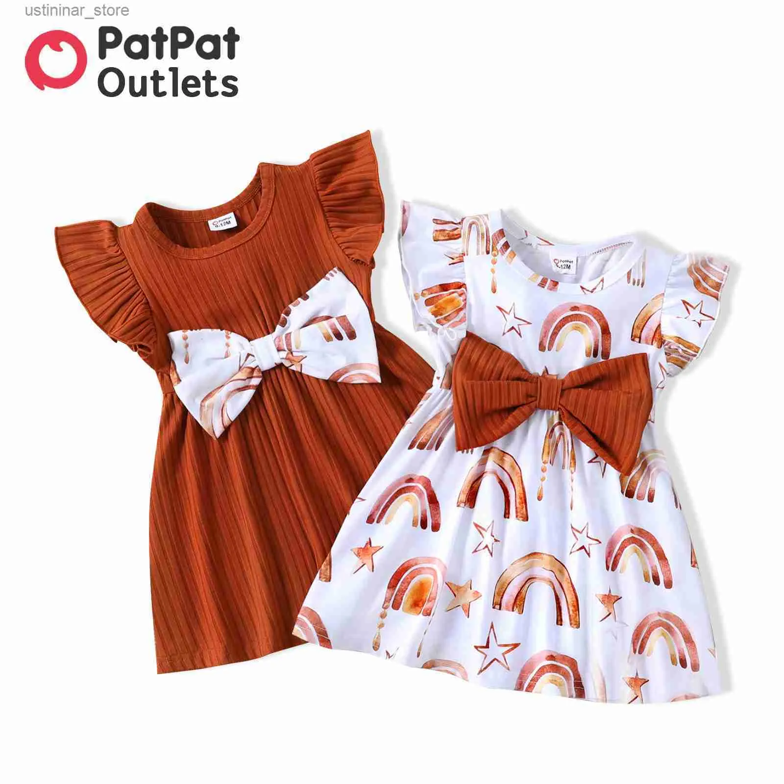 Girl's Dresses Baby Girl Clothes Ribbed Brown/White Rainbow Star Print Ruffled Flutter Sleeve Bowknot Dress Kid Clothing High Quality L47