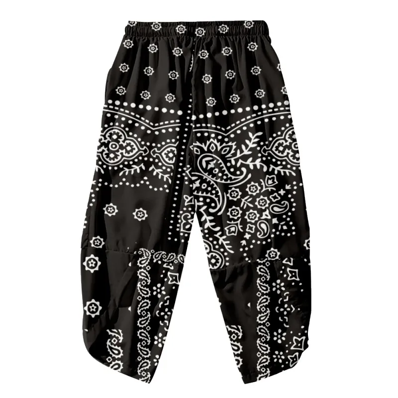 Casual Splicing Kimono Cropped Pants With Cashew Flower Print 
