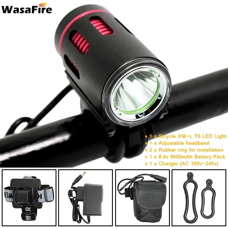 Wasafire 2000lm XM-L2 LED-cykelljus cykel framlampor MTB strålkastarnatt cyklinghuvudlampa + 18650 batteripaket + laddare