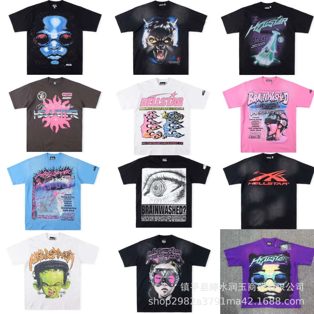 T-shirts masculina American Fashion Brand Hellstar Studios Retrato roxo Imprima camiseta de manga curta solta para homens e mulheres