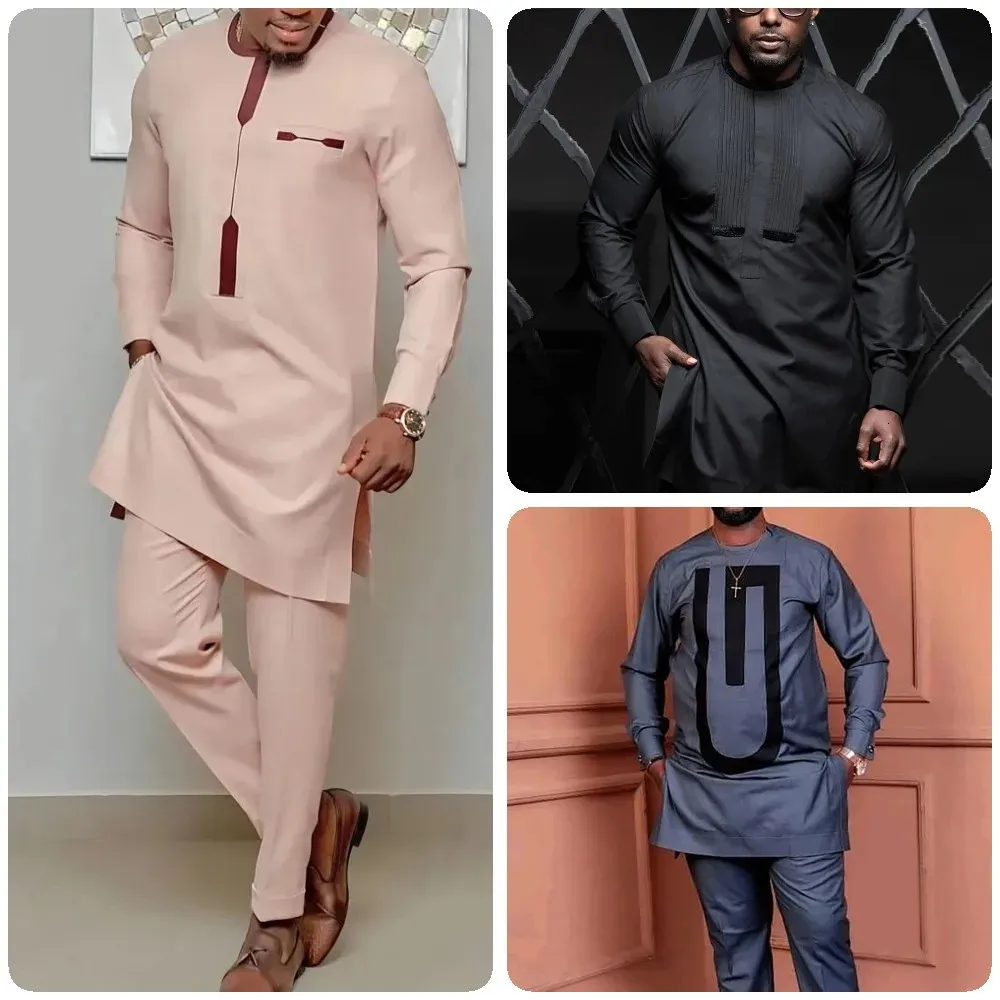 Kaftan Elegant African Mens Set 2 pièces Tenues Tops et pantalons à manches longues et pantalon de luxe complet