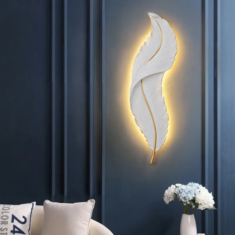 Lâmpadas de parede de penas brancas modernas resin sconce tv de fundo de parede luz para o quarto de casa sala de estar remota montagem de parede luzes