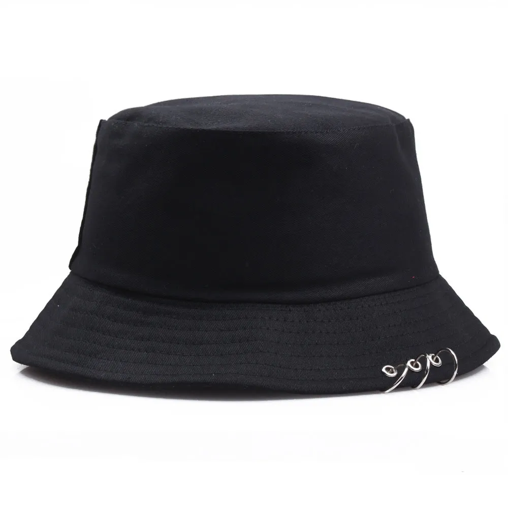 Kpop Jungkook Harajuku Hip Hop Solid Color Bucket Hat with Spiked Rivets  and Metal Rings Outdoor Wide Brim Sunscreen Fisherman Cap