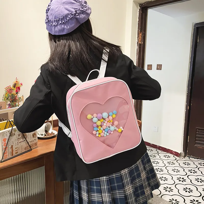 DHgate 2024Transparent Heart Anime Ita Bag Kawaii Backpack for Teenage Girls Clear Fashionable Oxford Shoulder Handbag for Women Bags Luggage Accessories