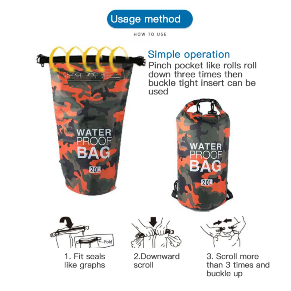 30L Waterproof Swimming Bag Dry Sack Camouflage Colors Fishing Båt Kajakpaddling Lagring Drifting Rafting Bag 5L 10L 20L Väskor