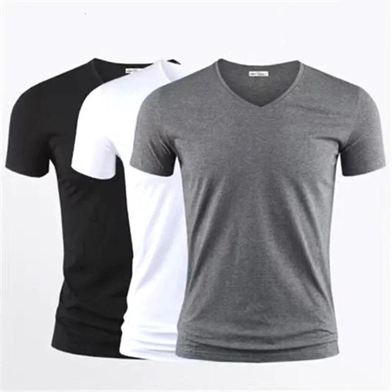 Heren t -shirt pure kleur v kraag korte mouwen tops tees mannen t -shirt zwarte panty's man t -shirts fitness voor mannelijke kleding 240401