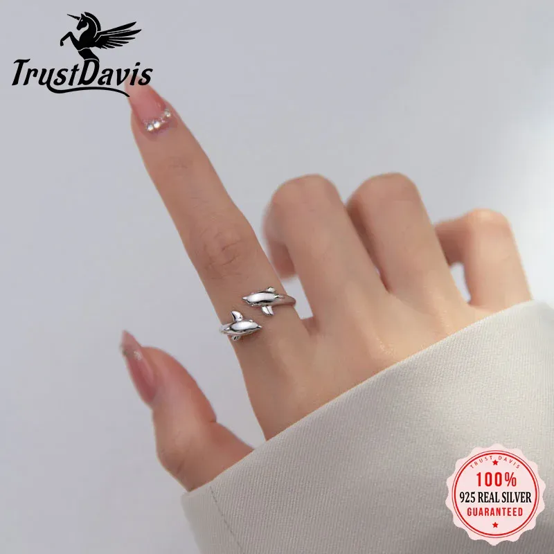 Sterling Silver 925 Dolphin Opening Ring for Women Adjustable 