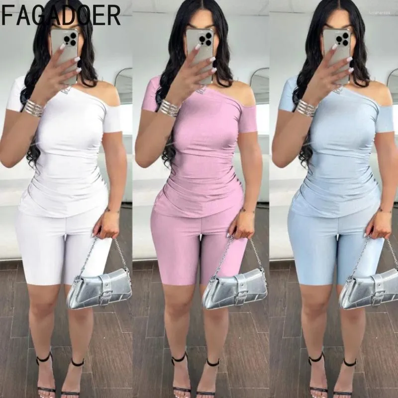 Damskie dresy fagadoer moda solidne jedno ramię dwuczęściowe zestawy kobiety szczupły top i motocyklowe szorty Summer 2pcs stroje