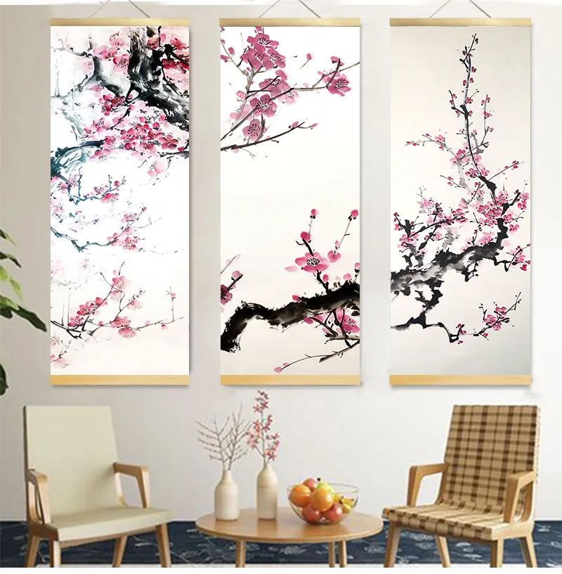 Nordic Wall Art Canvas Pictures Plum Blossom Landscape Plakat drewniany przewijanie wiszące malarstwo drukowane domowe dekoracja salonu