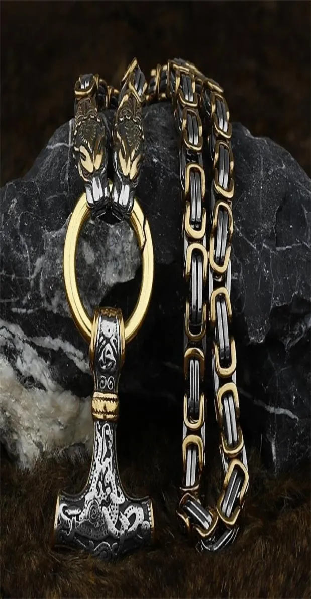 Colliers pendants vintage Viking Dragon Head Amulet Thor039s Hammer 316L Collier en acier inoxydable Chaîne King avec Valknu5547083