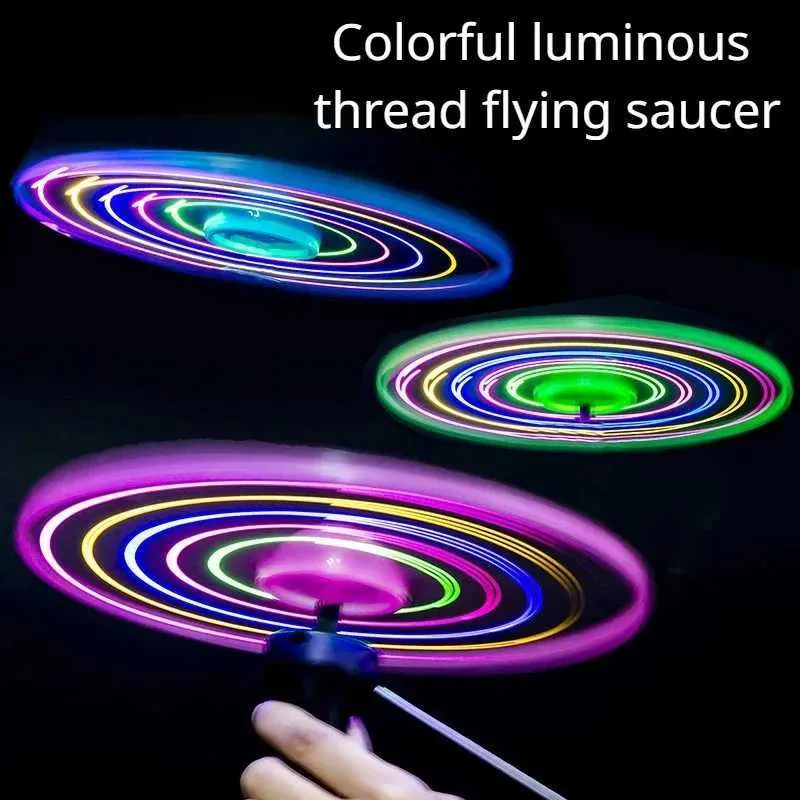 LED Flying Toys Kid Sports Pull Line Saucer Toys Children Outdoor Fun Rotating Flying Toy LED Light Processing Flain Toy For Parks Beach 240410