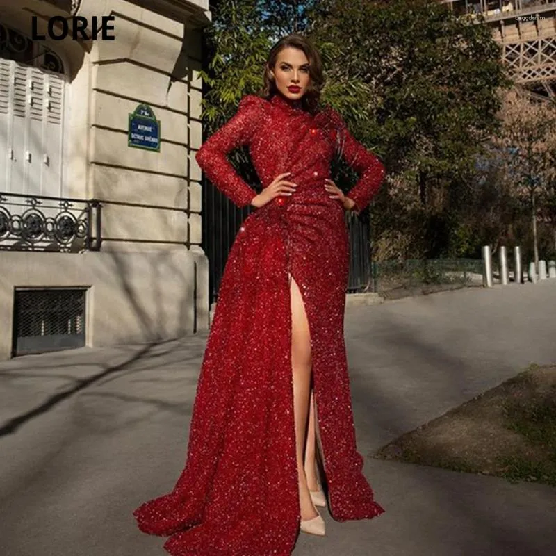 Robes de fête Lorie moderne borgogne paillettes paillettes Sirène Soirée 2024 Sleeves de capuchon
