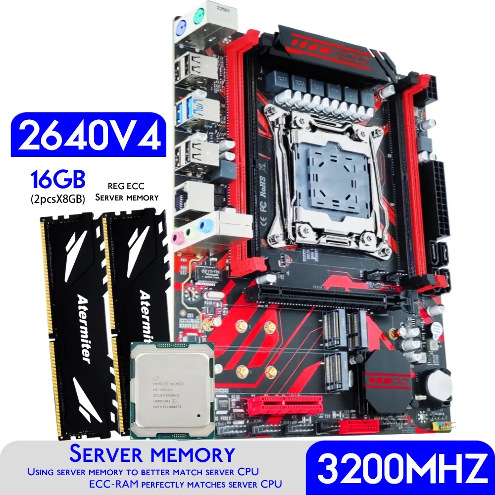 Cartes mères ATtermiter x99 Ensemble de carte mère avec Xeon E5 2640 V4 CPU LGA 20113 Processeur DDR4 16 Go (2 x 8 Go) 3200MHz Reg Server Memory RAM