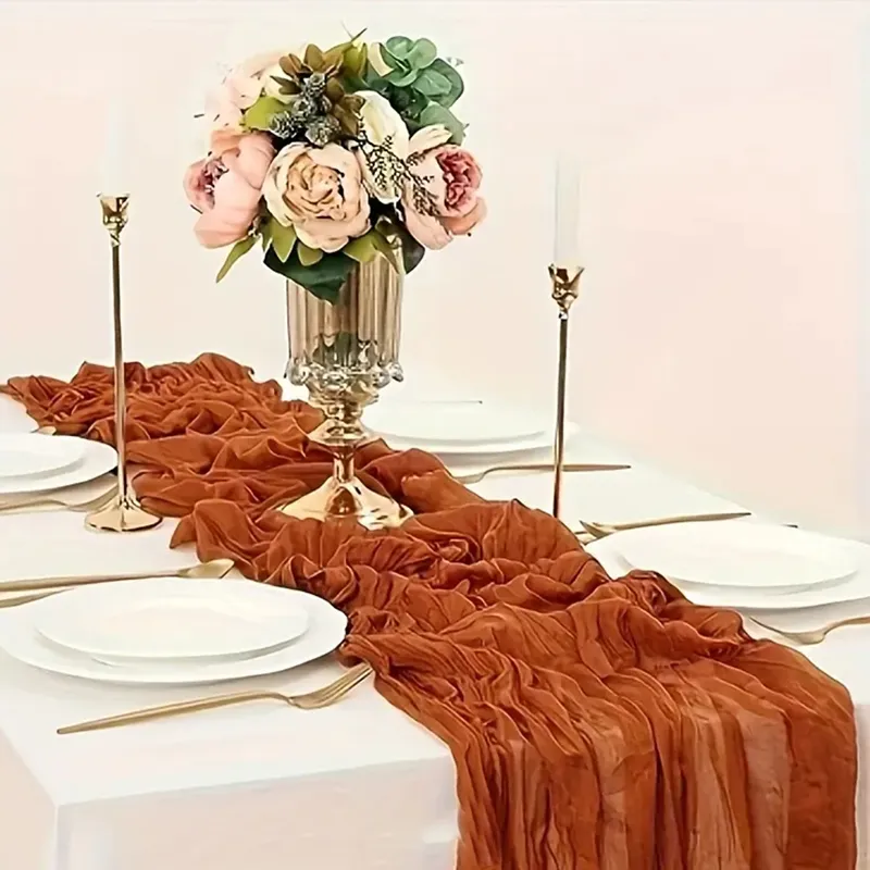 Terracotta Boho Crinker Table Runner ، Long Gauze Rustic Cheese Cloths for Wedder Bridal Duff Defrens