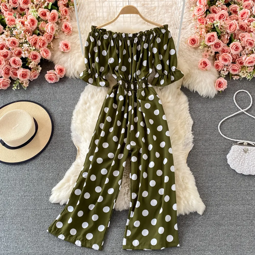Elegant Polka Dot Romper: Summer Jumpsuit with Elastic Waist for