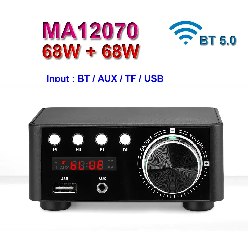 Amplificateur 68W + 68W Infineon MA12070 Bluetooth 5.0 Amplificateur Digital Power Ampl Classe D USB AUX TF Home Theatre Hifi stéréo mini