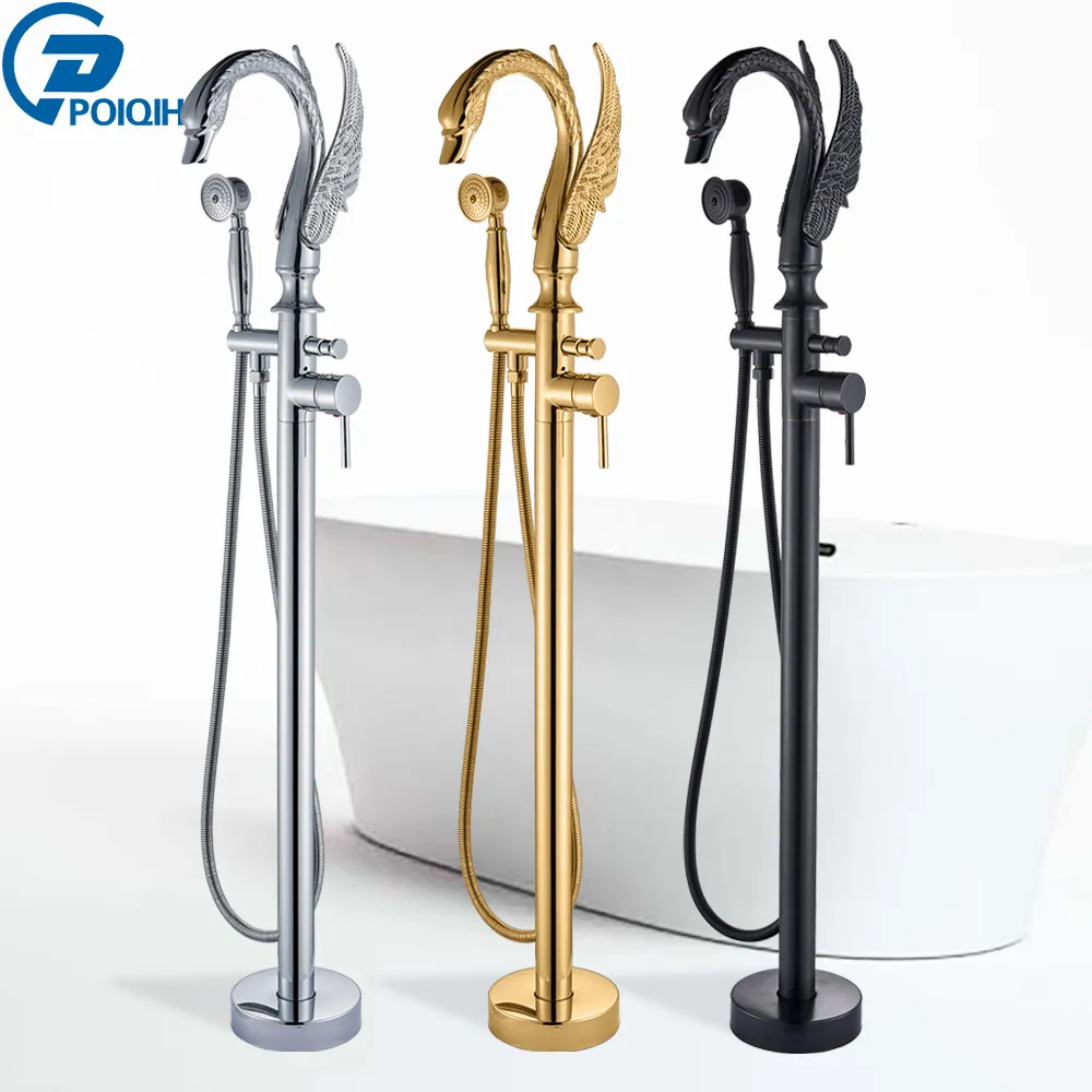 Poiqihy Swan Floor Mount Bathtub kraan Clawfoot Freeesting Badkamer Kraan Zwart Chrome Bad Douchemixer Tap Badkamerkraan