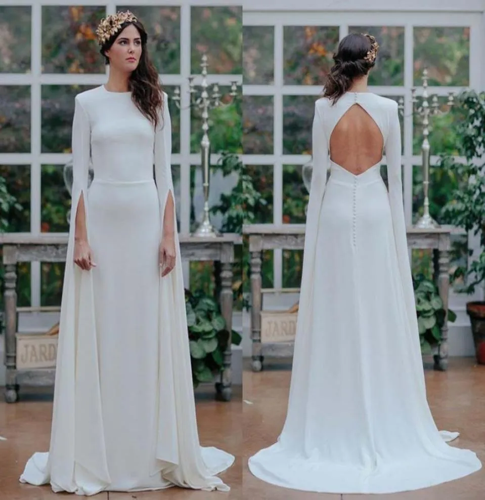 Long Sleeve Satin Wedding Dresses Scoop full length greek goddess Open Back A Line Outdoor Garden Wedding Bridal Gowns5820221
