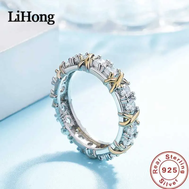 Bant Rings Luxury 925 STERLING Gümüş Yüzük AAA Zirkon Kristal Halkası Kadın Nişan Mücevher Hediyeleri J240410