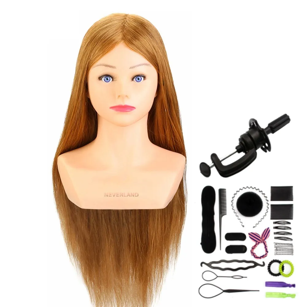 24 "60 cm 80% réel Hair-Hairdressing Training Head Hairstyle Doll Headl with épaule Traiding Curling Practice Mannequin Head
