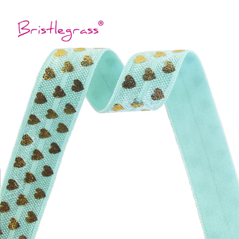 BRISTLEGRASS 2 5 10 Yard 5/8" 15mm Gold Love Heart Foil Print Fold Over Elastics FOE Spandex Bands Hair Tie Headband Sewing Trim