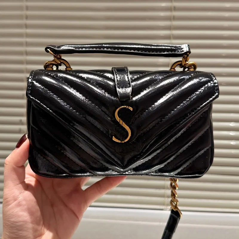 Designer Sac de chaîne de midi en cuir fissuré brillant marque de luxe V.