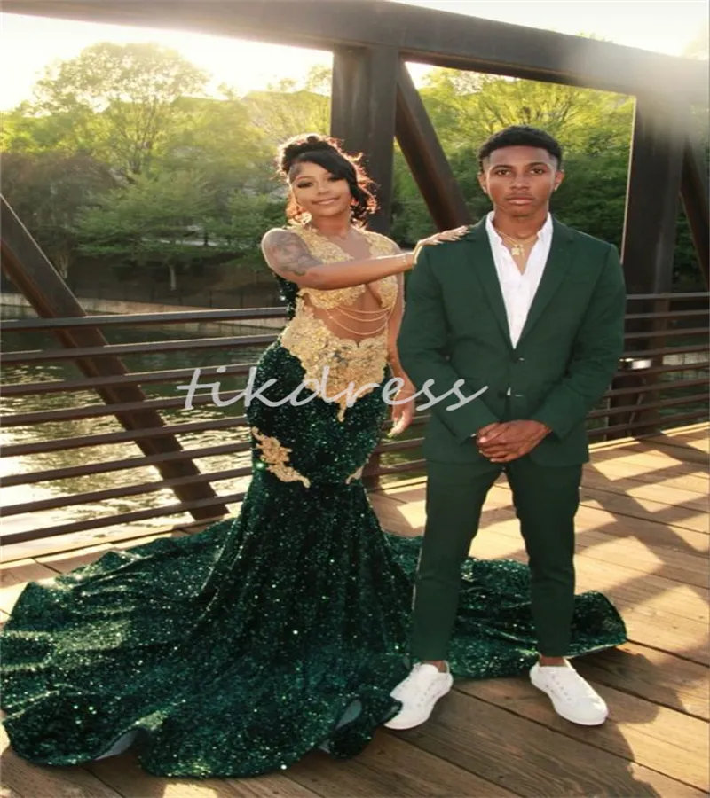 Luxury Green Mermaid Prom Dresses 2024 For Black Girls Golden Lace Appliques Beads Sequins Plus Size Evening Party Gown See Through African Formal Birthday Party