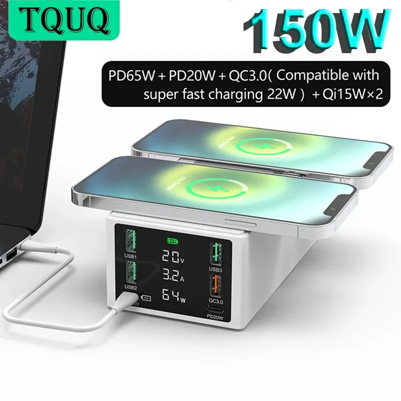 Chargers TQUQ 150W 6Ports Desktop USB -Ladestation mit LCD -Display, QC 3.0 USB C Ladegerät Hub Wireless Ladegerät für Laptops, Telefone, Telefone
