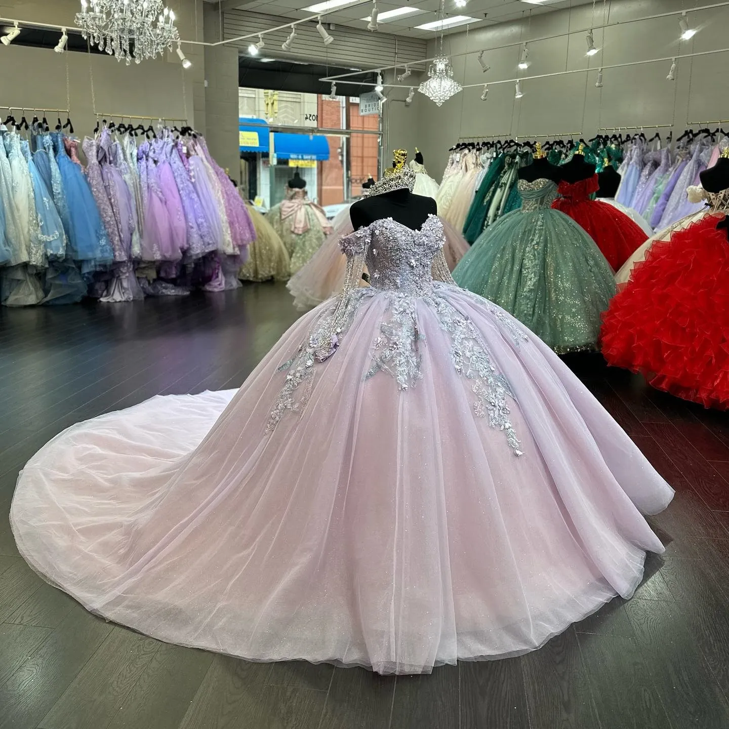 Schönheit außer Schulter voller Ärmeln Schatz Ballkleid Quinceanera Kleider Perlen Perlen Appliken Spitze Abschlussabend Party Festzug Geburtstagskleider